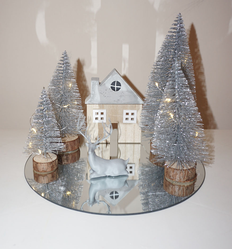 Μικρογραφία: Σύνθεση σε στρογγυλό καθρέφτη, με ασημί δεντράκια, σπιτάκι, ελαφάκι και led