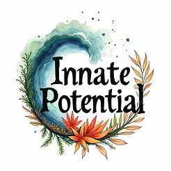 Logo mit Schriftzug Innate Potential. Symbolisch die Naturelemente (Flamme, Welle, Pflanzenranke, Bewegung von Luft)