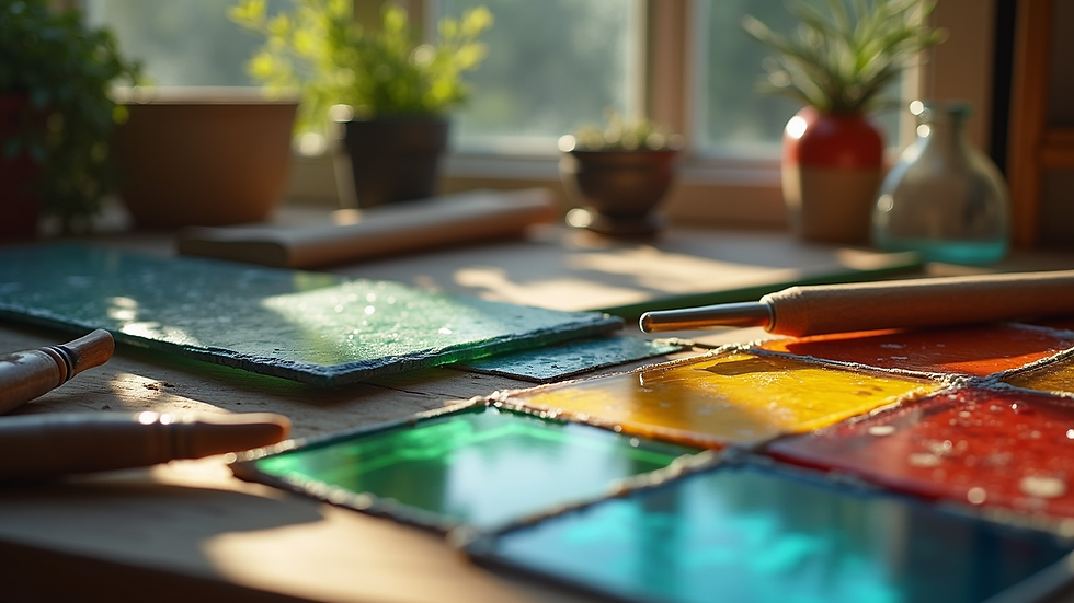 Close-up of stained glass materials including tools and colored glass sheets