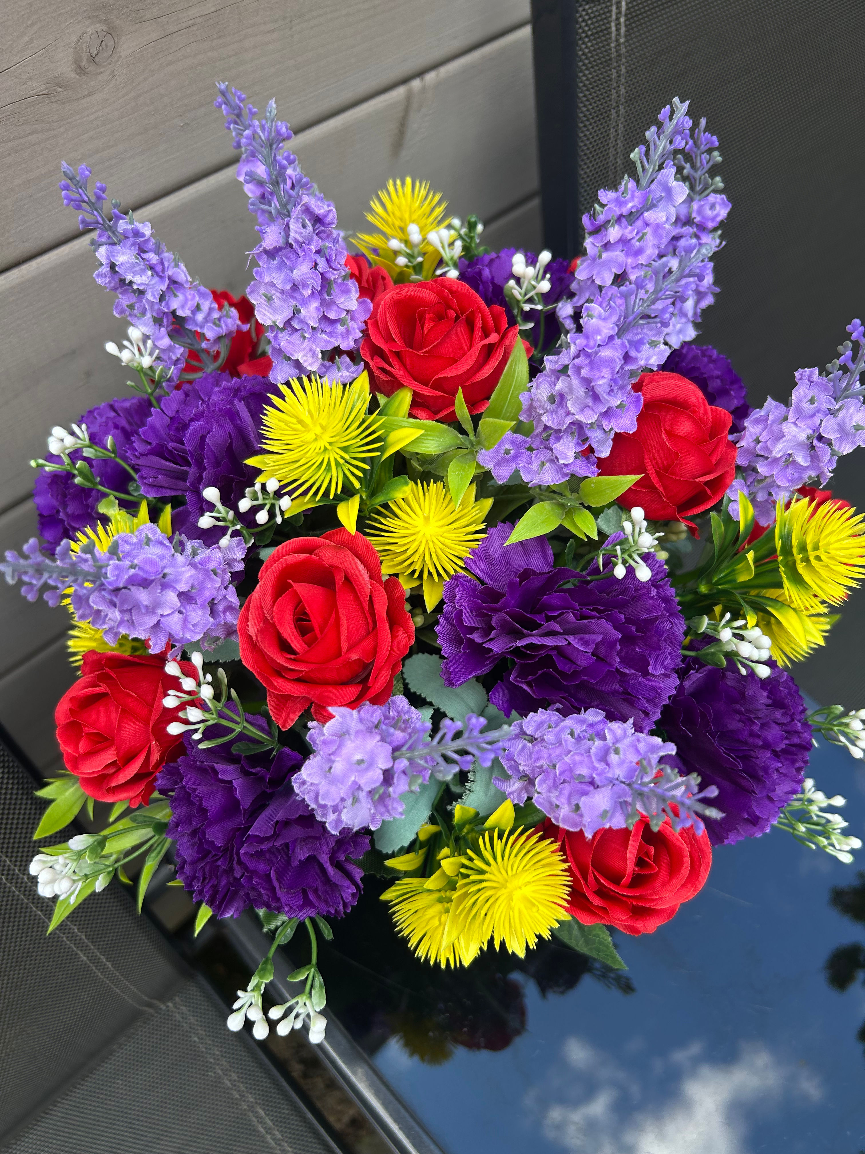 Grave pot arrangement ~ red purple yellow 
