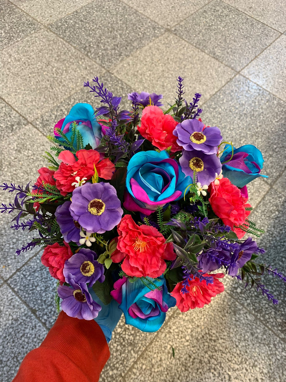 Cerise, Purple & Turquoise Flower Crem Pot Stitch Roses