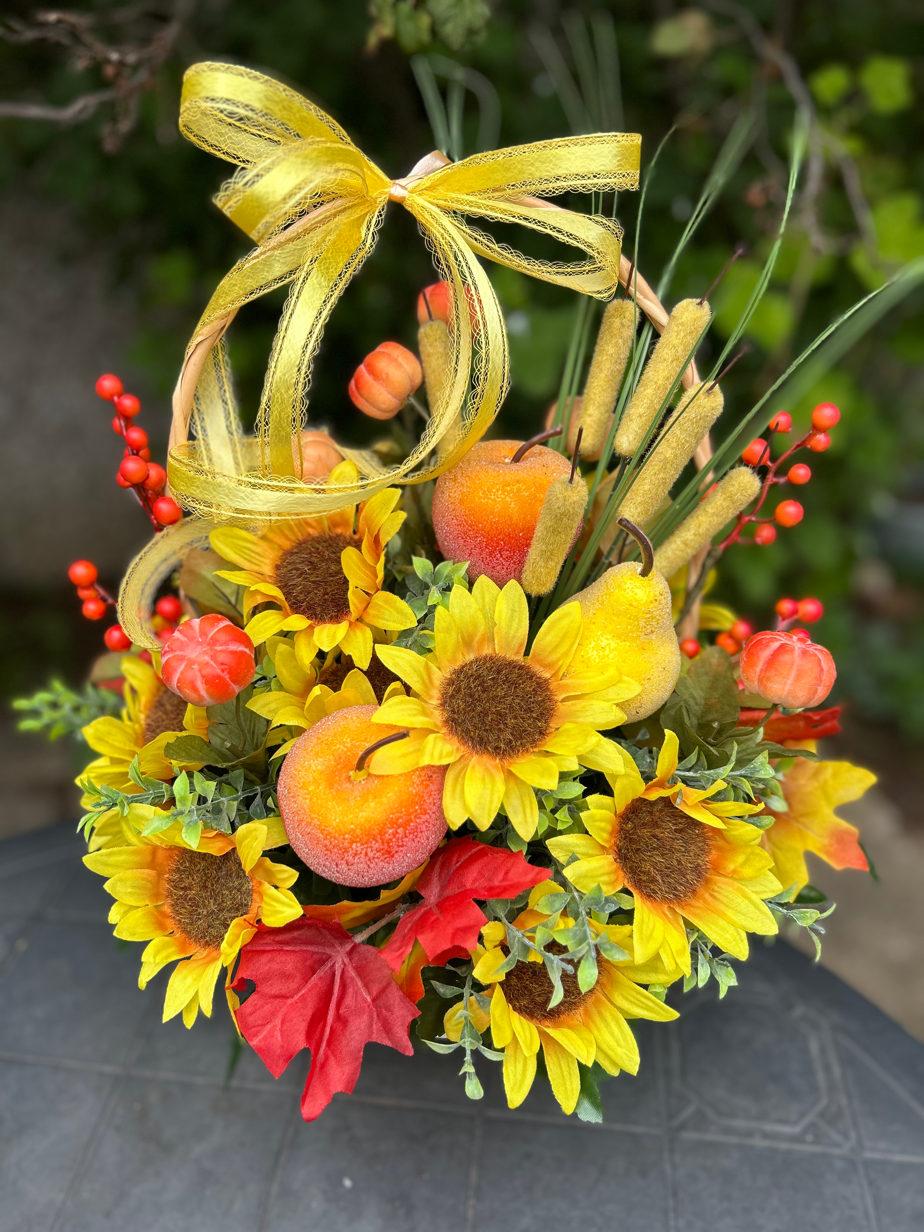 Fruit gift basket with sunflowers