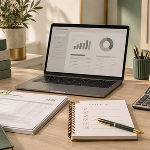 Organisation de la paie avec documents, checklist, calendrier et calculatrice