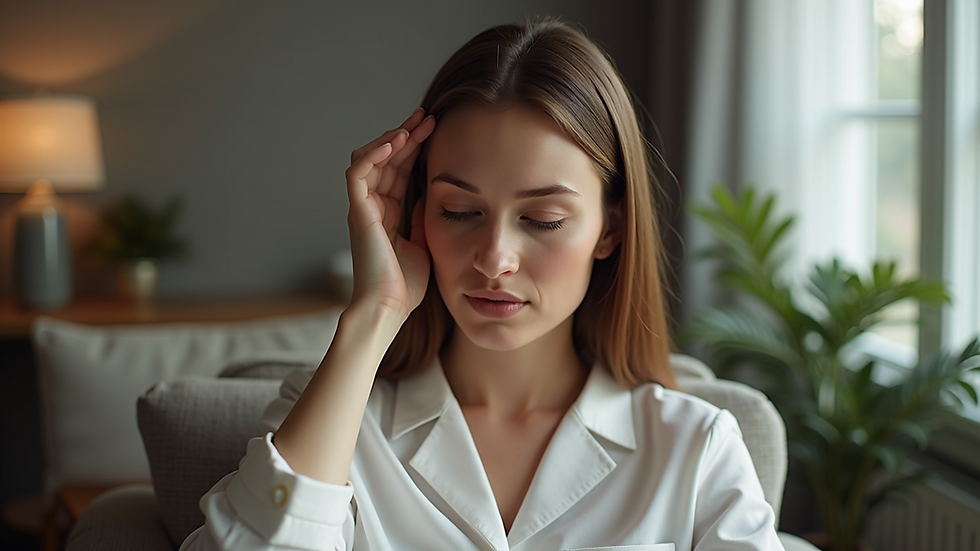 Close-up view of a woman gently massaging her scalp while sitting in a cozy chair