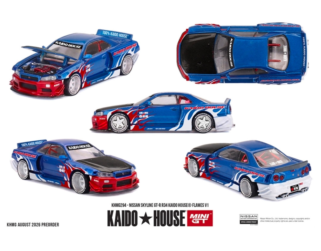 Kaido House x Mini GT 1:64 Nissan Skyline GT-R R34 Kaido House Flames V1