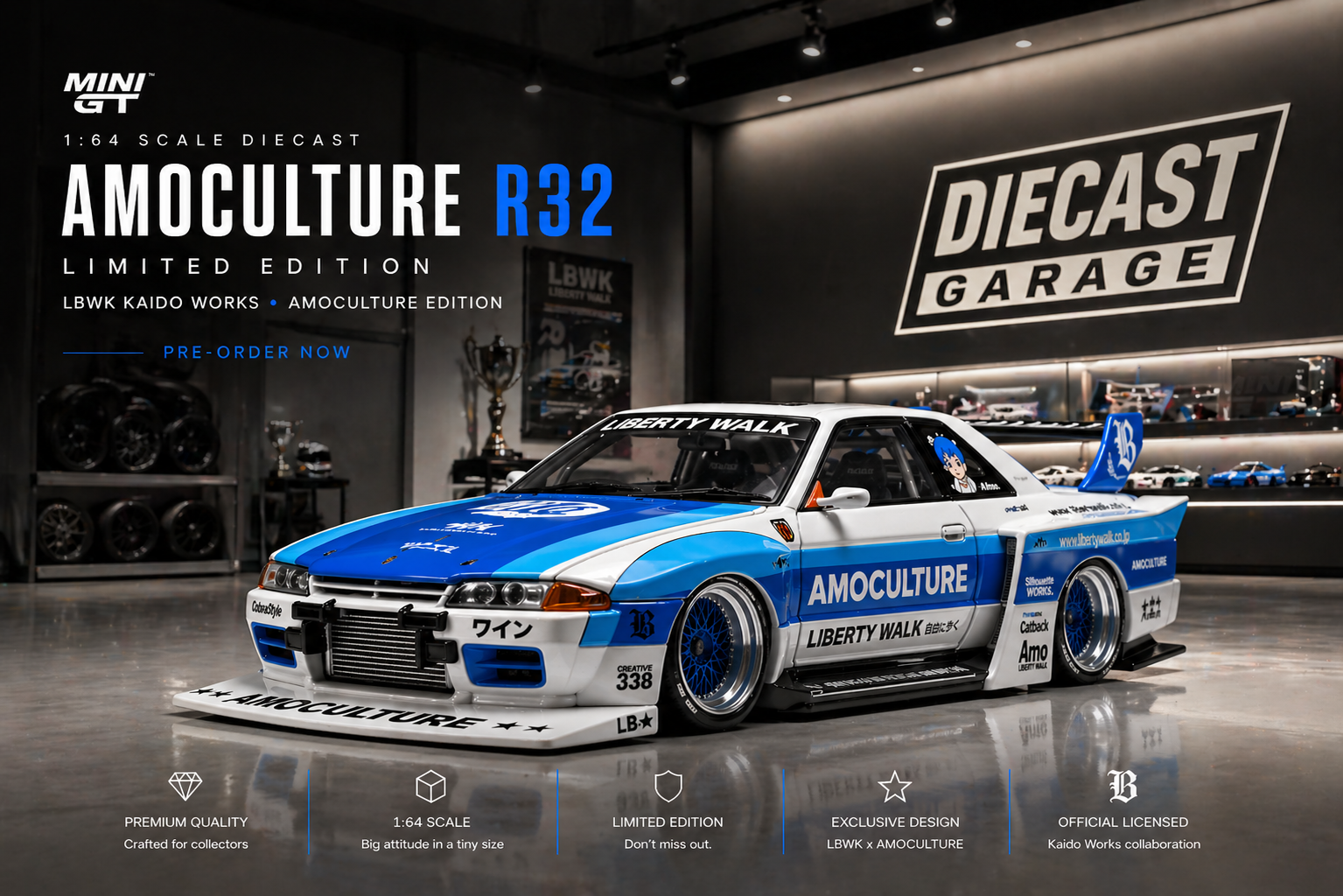 Mini GT 1:64 Nissan Skyline GT-R (R32) LBWK Kaido Works AMOCULTURE Limited Edi