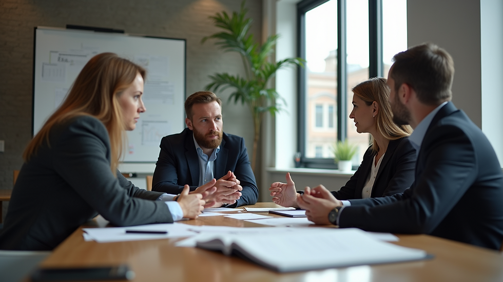 Eye-level view of a business team discussing risk management strategies around a table