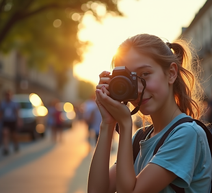 Teenager capturing a vibrant street scene with a digital camera, bathed in warm afternoon 