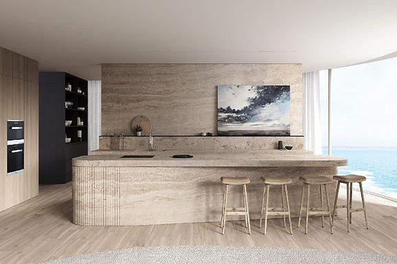 Roman travertine kitchen surfaces with integrated island countertop wall cladding and interior design