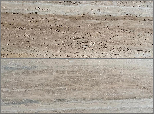 Roman travertine stone flooring comparison showing open pore surface and filled honed finish with visible texture differences