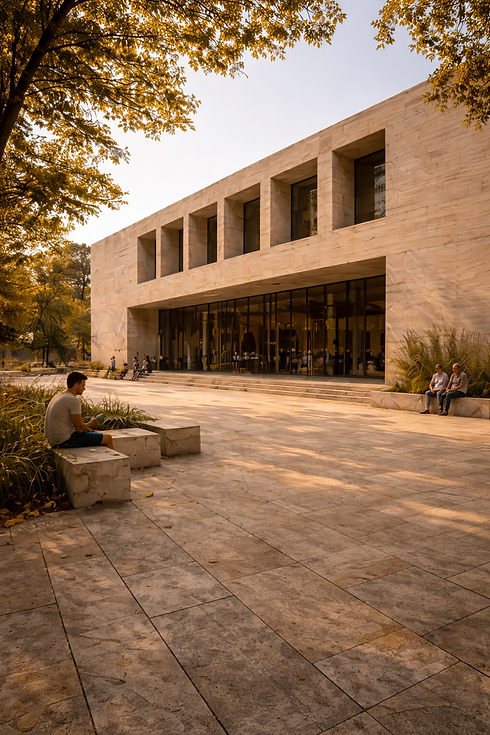Public building with Roman Travertine façade and paving in contemporary architecture