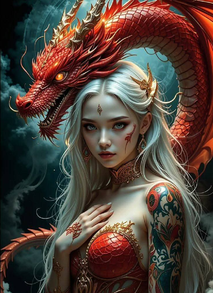 Dragon rouge et femme