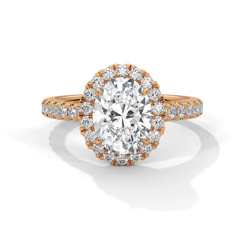 Bague de fiançailles pavée halo diamant 1.5 carats or rose vue de face PIRMA Paris