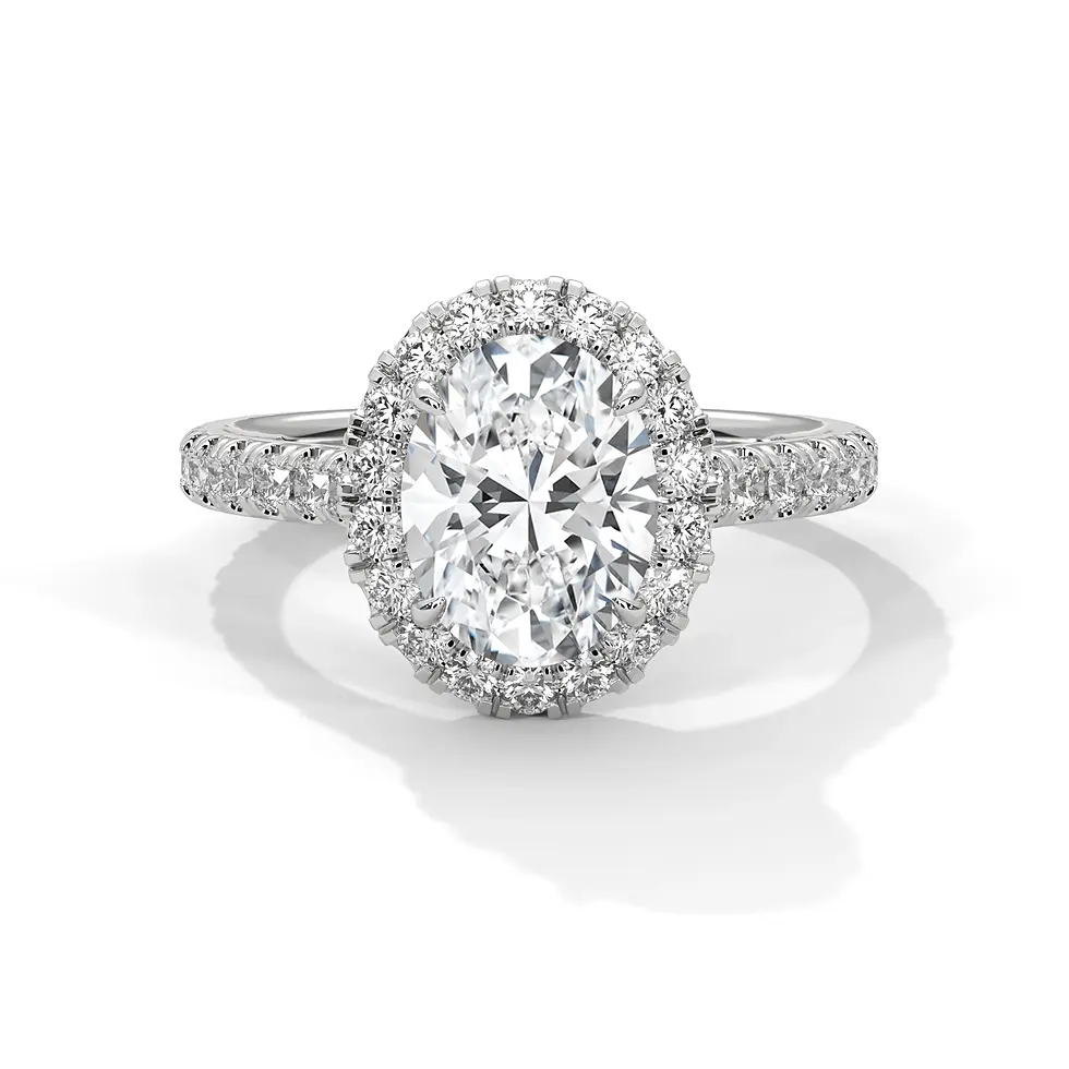 Miniature : Bague de fiançailles pavée halo diamant 1.5 carats or blanc vue de face PIRMA Paris