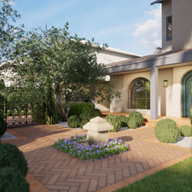 3D rendering of the front yard design for a single-family home in Santa Monica, created by Dimensions, Los Angeles.