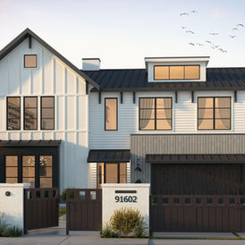 3D rendering of a single-family home in North Hollywood, CA, illuminated by the golden hour. Created by "Dimensions" 3D design ,modeling and rendering studio.