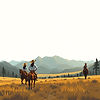 create an easy viewing scene with cowboys and girls and mountains. make the colors not obv