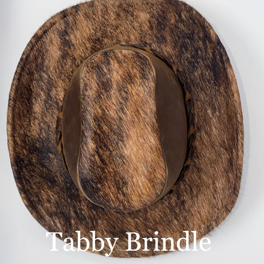 Top down view of Tabby Brindle cowhide & leather cowboy hat