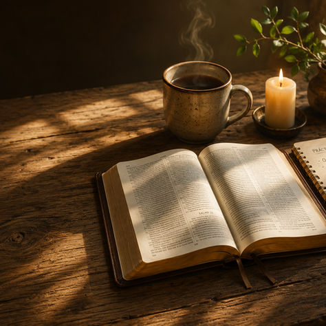 Vista desde arriba de una mesa antigua con una Biblia abierta, una vela y un café humeante.