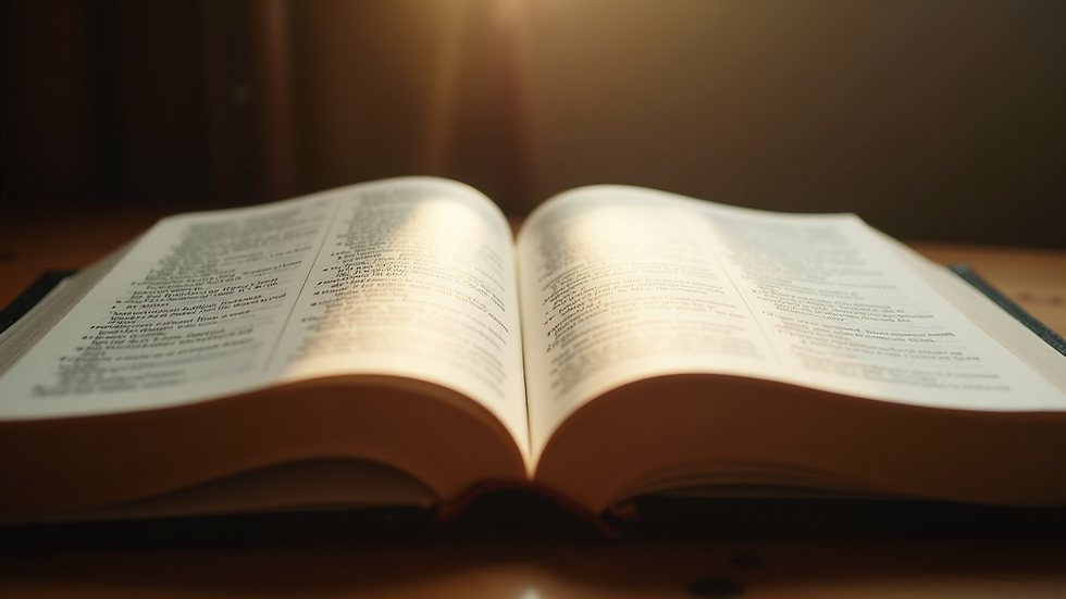 Vista cercana de una Biblia abierta con luz natural iluminando las páginas