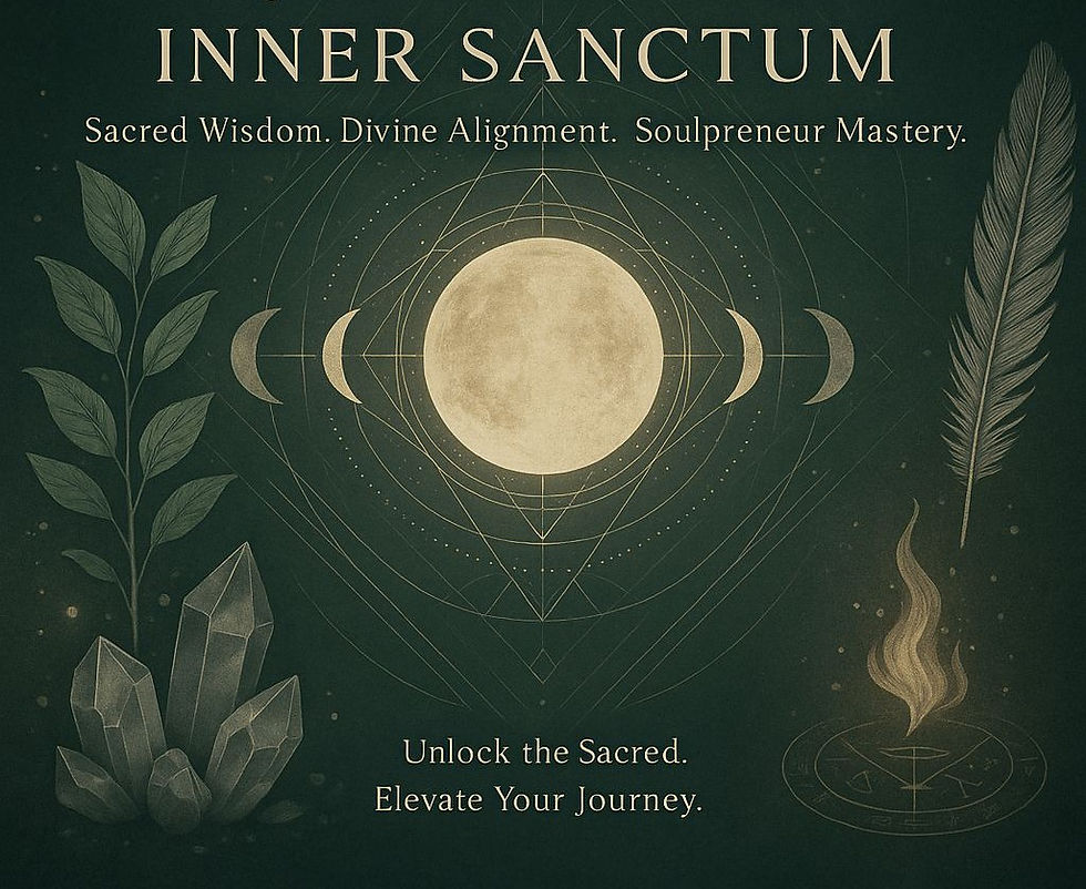 Moon phases, crystals, feather, and flame on dark green. Text: Inner Sanctum, Sacred Wisdom. Unlock the Sacred. Calm, mystical vibe.