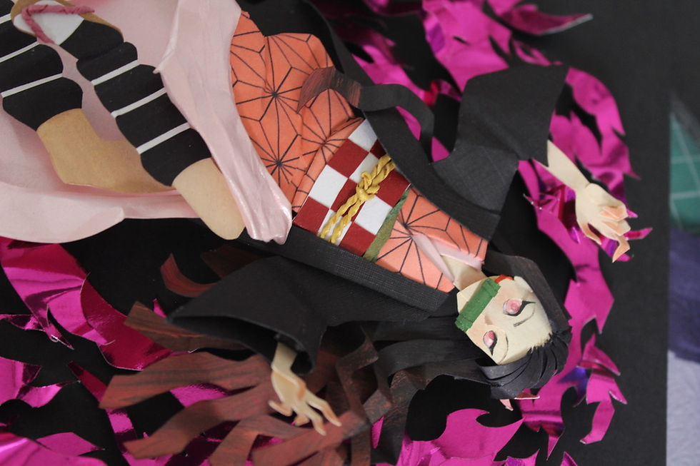 Miniatura: Nezuko em arte de papel 3D com chamas cor-de-rosa