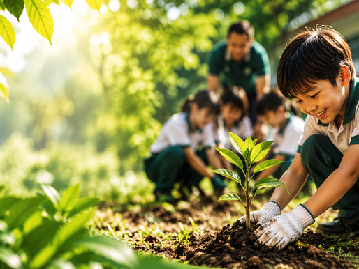 BXCT SEED Sustainability Programme. Smiling schoolboy plants a sapling outdoors while classmates and a teacher help in a sunny green garden.