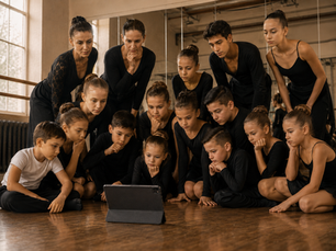 A group of Dancesport dancers of different ages, including children, teenagers, and adults, gather on the floor of a dance studio around an iPad. They are dressed in black practicewear and appear focused and thoughtful as they look at the device. The studio has wooden floors, mirrors, and warm natural light.
