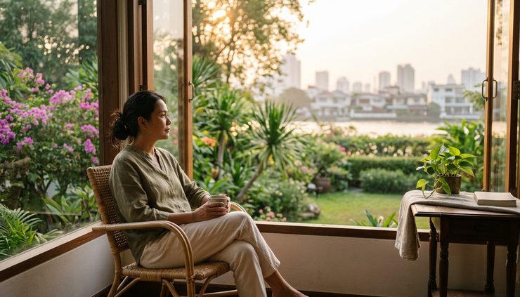Eye-level view of a quiet person sitting beside a window at sunrise