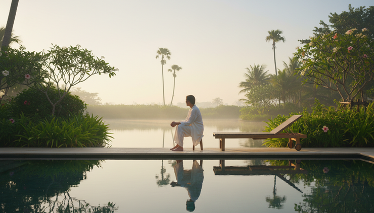 Wide-angle view of a person sitting alone beside a quiet resort pool at sunrise