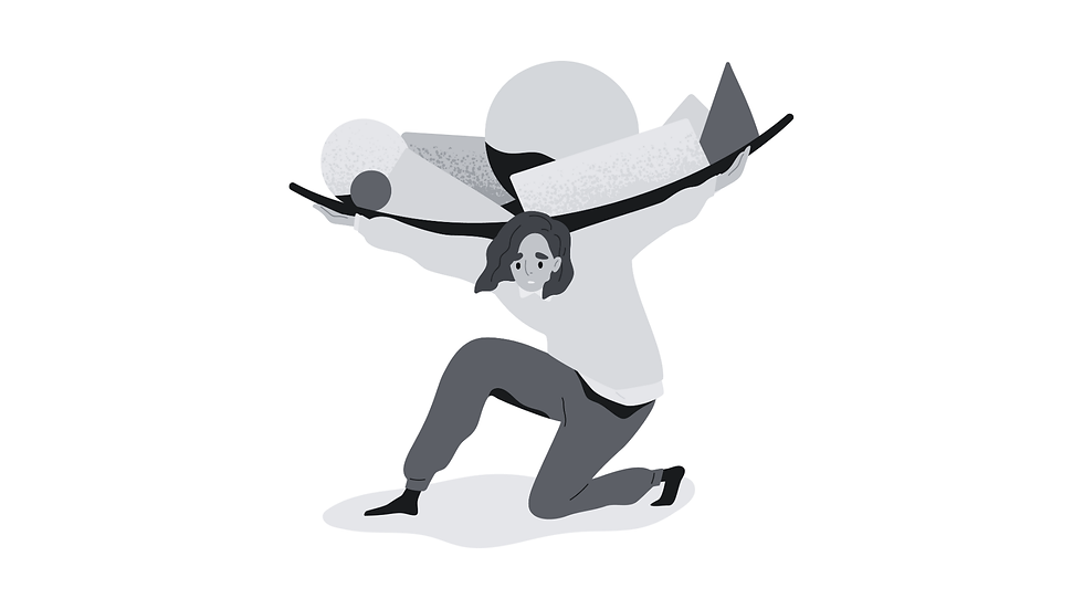 A teen kneels, balancing various geometric shapes on their back. Greyscale illustration with a minimalist design. Mood appears determined.