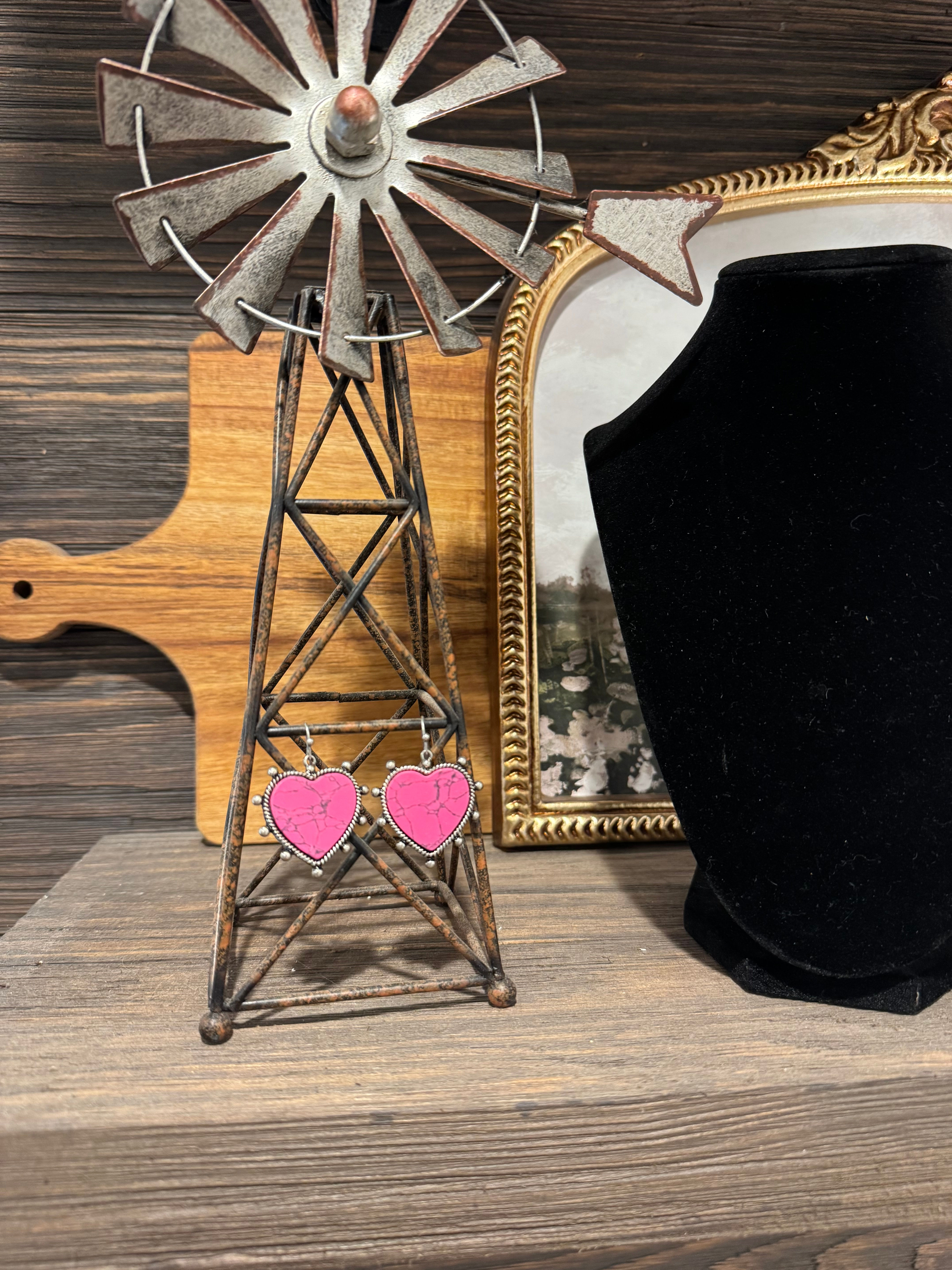 Western Navajo Style Fuchsia Heart Earrings
