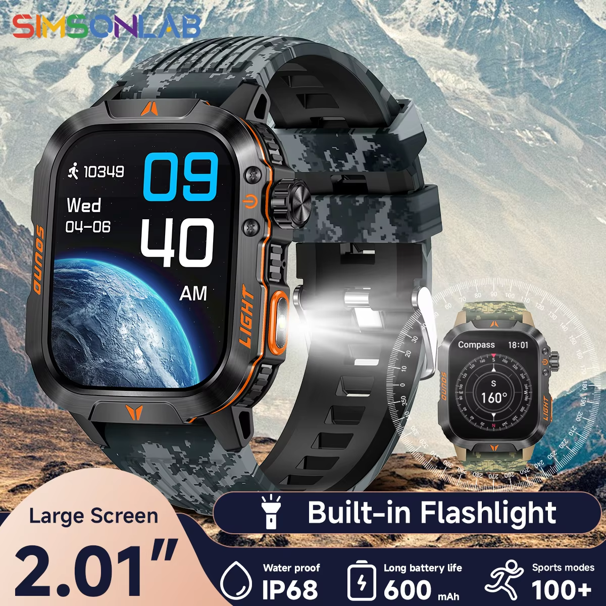 Smart Watch 2026 2.01 Screen Outdoor Flashlight Compass IP68 Waterproof Wireless