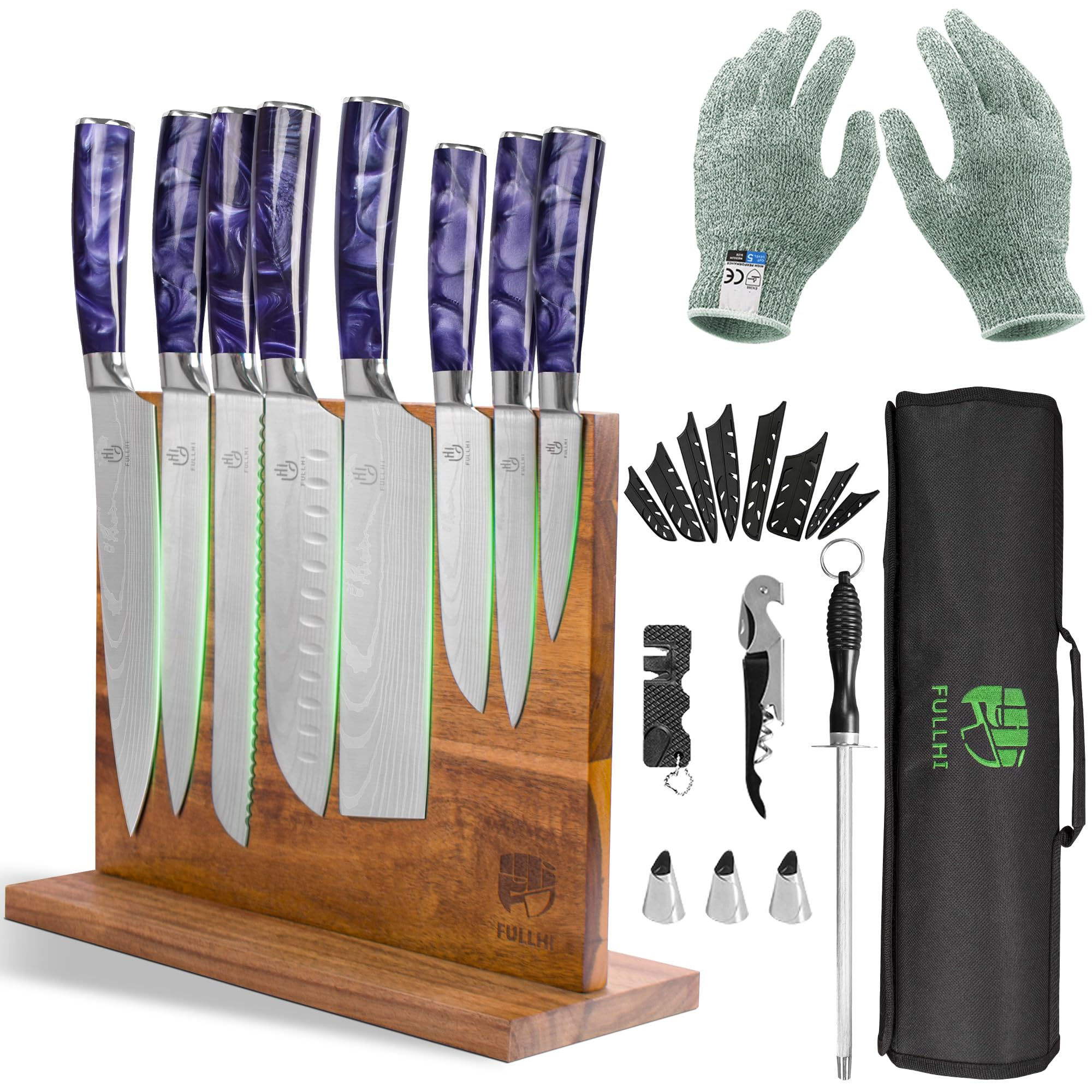 FULLHI Knife Set with Magnetic Knife Block Holder15pcs Japanese Knife Set German