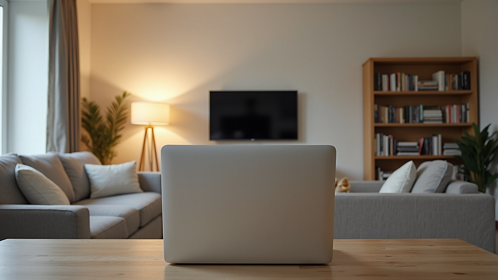 Wide angle view of a comfortable living room with a laptop.