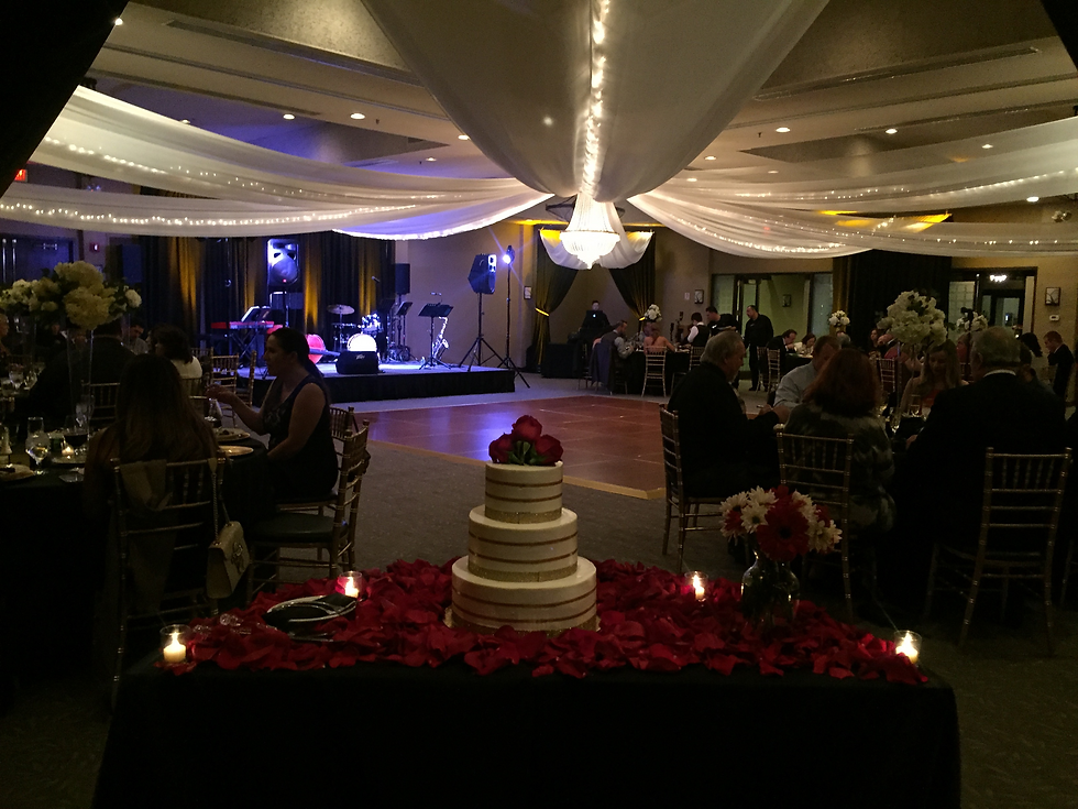 wedding ceiling drape white sheer with black wall swags gold ties and chandelier