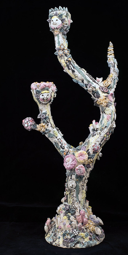 porcelain, candlestick, fantasy, candelabra, gothic, weebles, coral, bev milward, sculpture, baroque