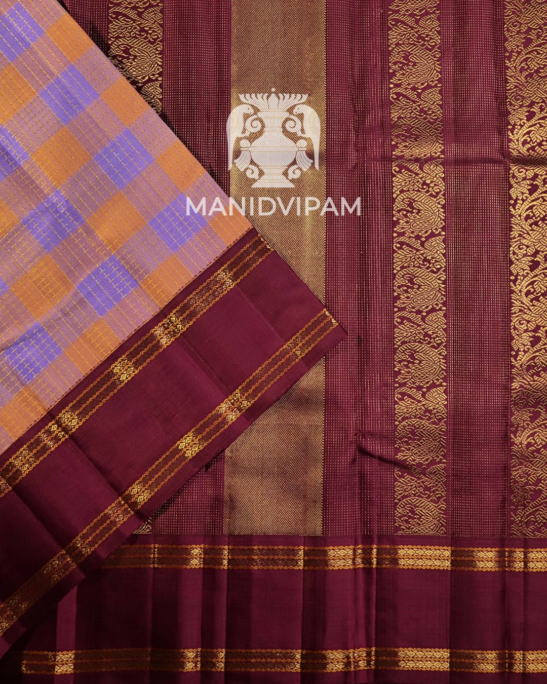 Korvai Kanjivaram silk saree in a soft pastel peach and lavender checked body