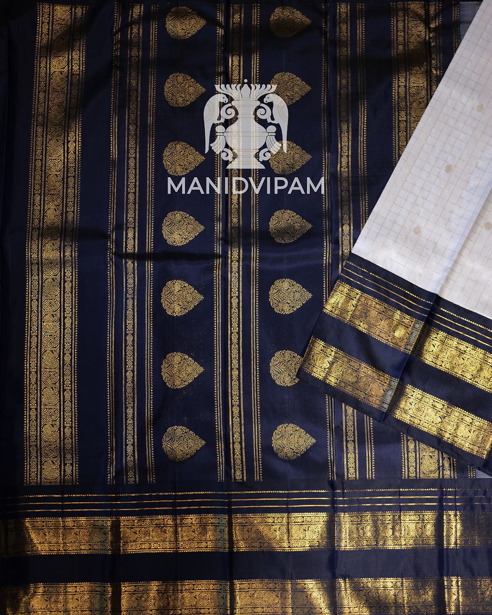 Pearl White Navy Blue Korvai Kanjivaram