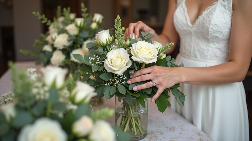 Close-up view of a wedding planner’s hands arranging floral centerpieces