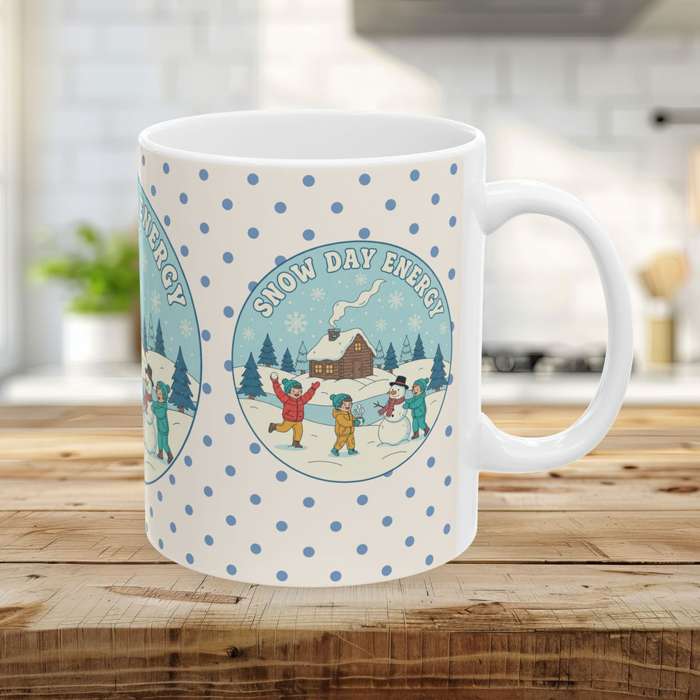 Snow Day Mug, Polka dots with kids playing in snow
