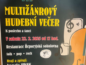22. 2. zahraje RockBand pod vedením Romana Kříže v Řeporyjské Sokolovně.
