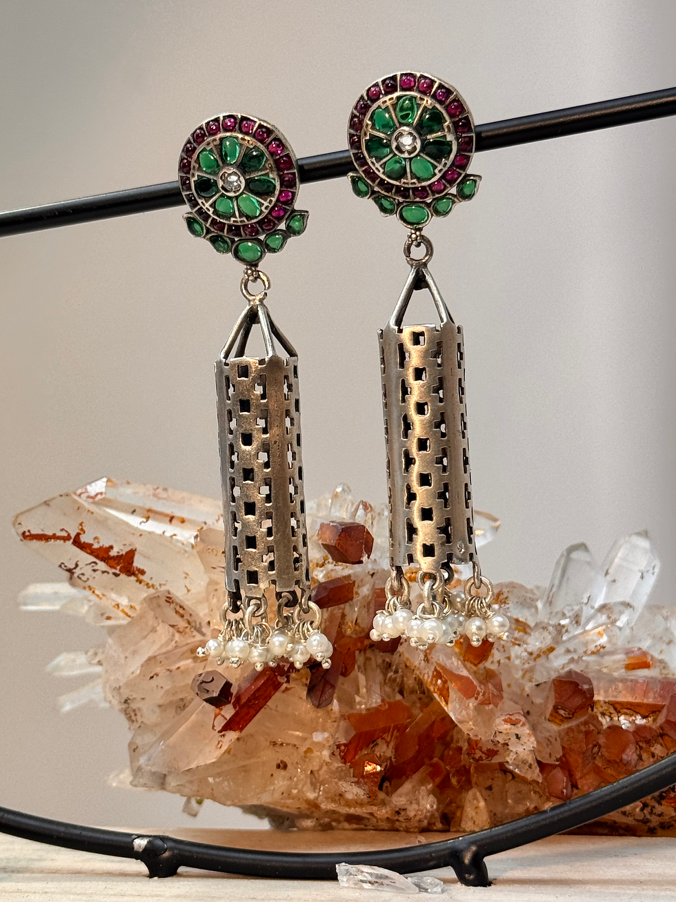 Miniature : Boucles d’oreilles indienne en argent et pâte de verre 