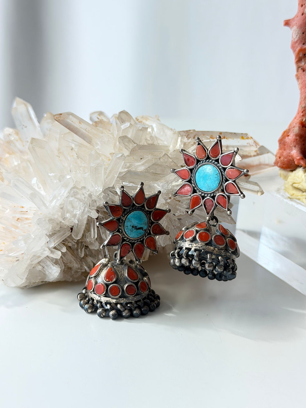 Miniature : Boucle d’oreille en argent corail et turquoise 