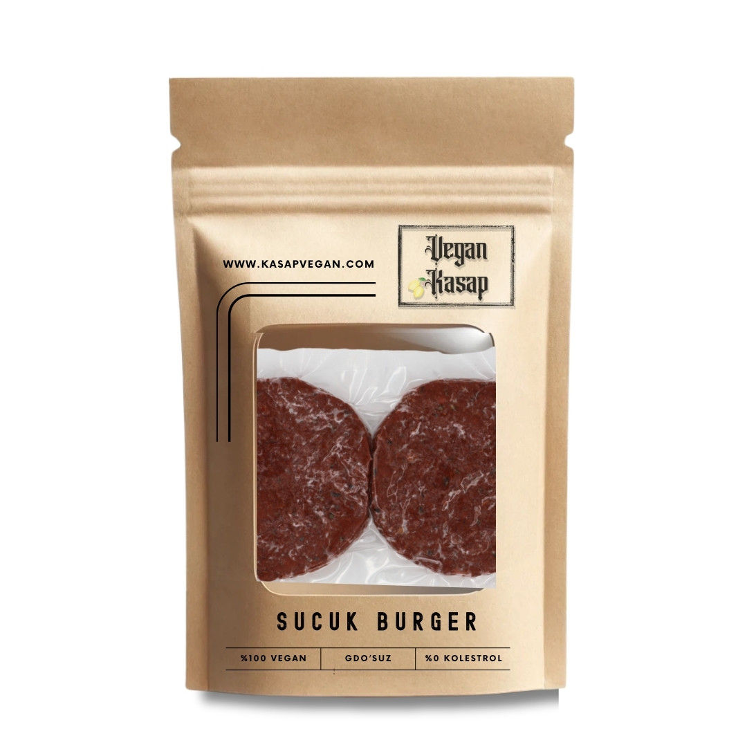 "Kraft zipli ambalajda vakumlu bitkisel sucuk burger, Vegan Kasap markası, GDO'suz ve yüksek proteinli vegan ürün."