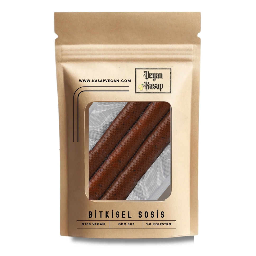 "Kraft zipli ambalajda vakumlu bitkisel marquez sosis, Vegan Kasap markası, GDO'suz ve yüksek proteinli vegan ürün."