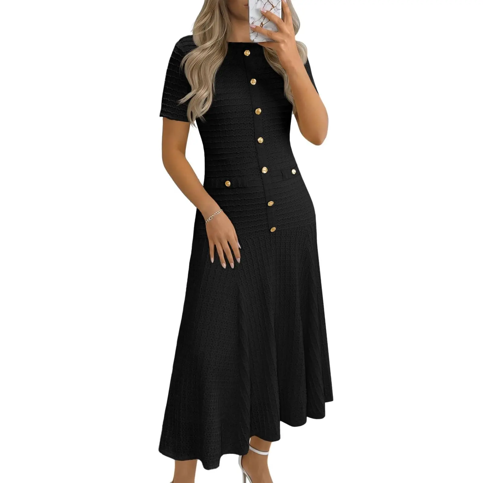 Wenrine Textured Midi Dress with Buttons