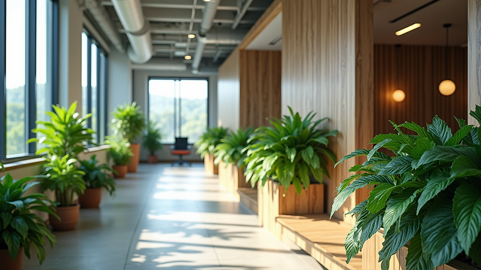 High angle view of a commercial office with sustainable design elements and green plants