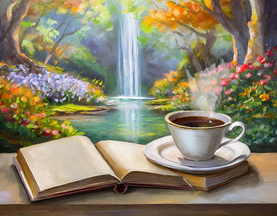 Firefly a book and a cup of coffee with a fantasy garden in background 88128.jpg