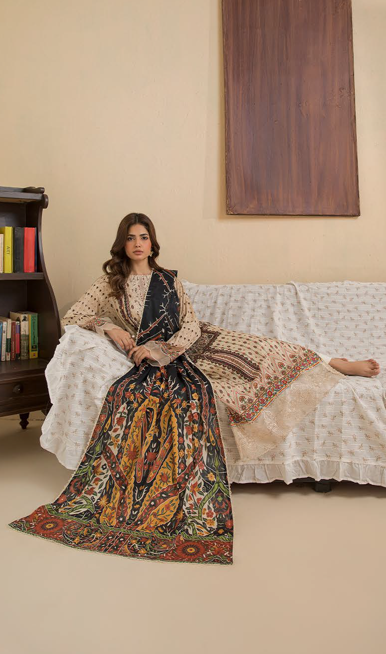 Thumbnail: ZEDZEE LAWN STUDIO   RANG PASAND BY GULLJEE 3 PC UN-STITCHED LAWN DRESS MATERIAL CREAM BEIGE